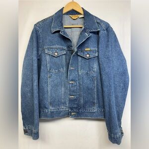 VTG 80s RUSTLER Men’s 13 oz Denim Jean Jacket Trucker Med Wash LARGE usa 79111SW